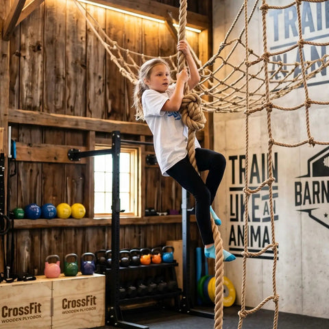 Child climbing on Heavy Duty Natural Hemp Rope Do It All 2 Inch Thick By 50 Feet 4 Strand Tight Twisted Jute Rope For Docks Nautical Railings Projects Tug Of War And Home Decor in gym setting.