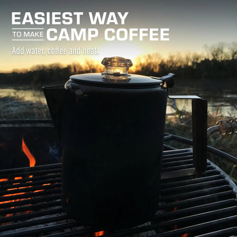 Stainless Steel Percolator Coffee Pot With Glass View Top, No Aluminum Or Plastic, 12 Cup Capacity, on outdoor grill at sunset.