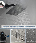 Waterfall Tub Spout Shower Faucet Set With Tub And Shower Trim Kit And Rough In Valve Wall Mounted Shower System In Brushed Nickel Includes All Accessories And Lifetime Warranty No Sweat Install displaying 8-inch rain shower head and silicone nozzles