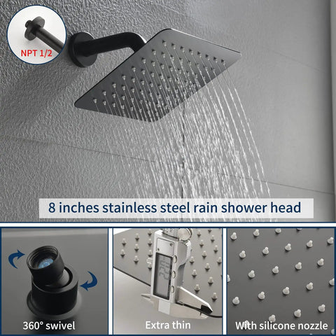 Waterfall Tub Spout Shower Faucet Set With Tub And Shower Trim Kit And Rough In Valve Wall Mounted Shower System In Brushed Nickel Includes All Accessories And Lifetime Warranty No Sweat Install displaying 8-inch rain shower head and silicone nozzles