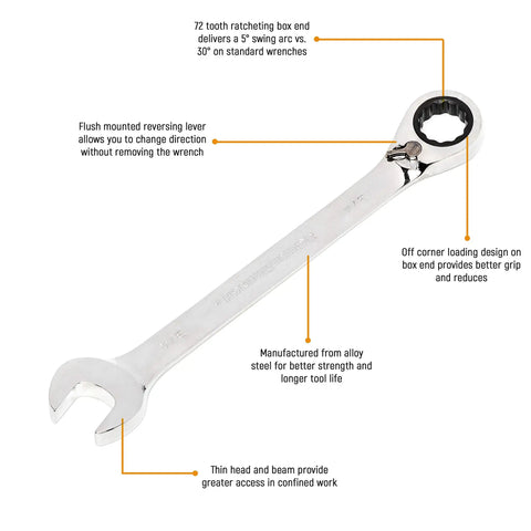 22mm 12 Point Reversible Ratcheting Combination Wrench with Thin Head for Tight Spaces, 72 Tooth Ratchet, Chrome Vanadium