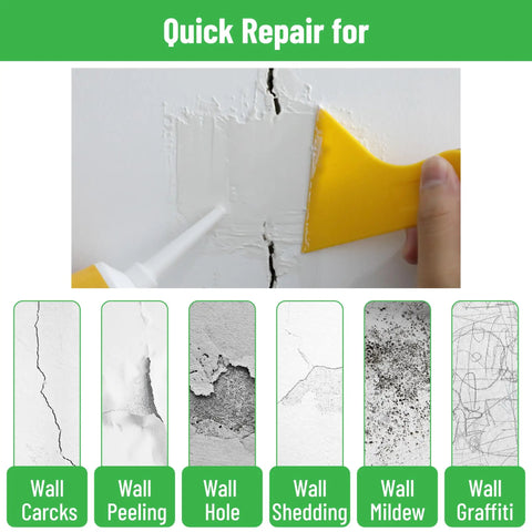 Drywall Repair Kit With Two Tubes Of Spackle 120G Each, using scraper to apply spackle on cracked wall for quick fix.