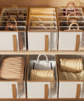 Fabric Drawer Organizers 4 Pack With Ventilation Mesh And Five Grid Layouts To Keep Your Knitwear And Casual Threads From Getting Bunched Up And Staying Smooth In Beige, arranged in a wooden shelf.