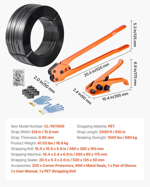 Heavy Duty Banding Sealer Tool Kit With 2000 Ft PET Strapping 600 Metal Seals 200 Corner Protectors And Plastic Pallet Packaging Gear For Warehouse Transportation And Home Use, PET roll and sealer