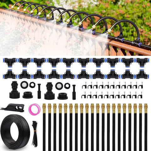 66 Ft Drip Irrigation Kit With Dope 20 Piece 360 Degree Adjustable Misting Nozzles And 0.3 Inch Hose displayed on a garden rail