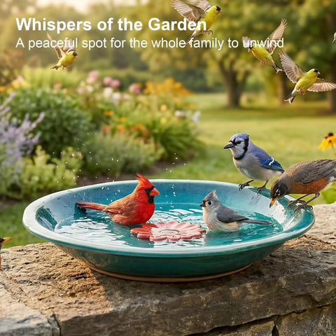 Ceramic Bird Bath And Feeder For Outdoor Gardens 12.2 Inch Diameter 2 Inch Depth Blue With Red Flower Shallow Bowl