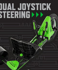 Close-up of Green Machine 20 Inch Drift Trike For Kids 8 And Up with dual stick steering and adjustable seat, green and black.