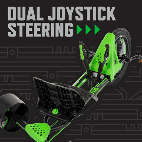 Close-up of Green Machine 20 Inch Drift Trike For Kids 8 And Up with dual stick steering and adjustable seat, green and black.