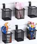 Six Piece Slatwall Cups And Hooks Organizer Set Black Metal Mesh Wire Holder for Slatwall Storage with pens, scissors, brushes