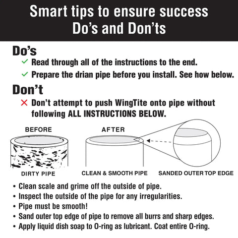 Infographic showing shower drain replacement kit installation tips with do's and don'ts, pipe preparation details, before and after images.
