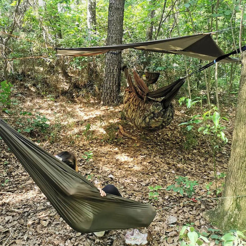 Underbelly Gear Sling Hammock For Camp Gear Storage, Lightweight And Portable Mini Hammock Organizer, OD Green in forest