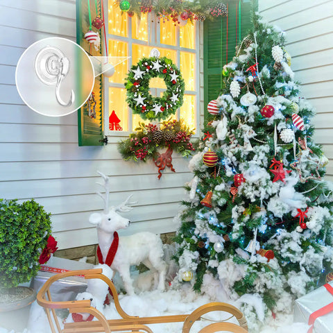 Clear Suction Cup Hooks Set Of 6 For Shower on snowy outdoor Christmas decoration with tree and wreath.