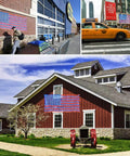 Patriotic Solar Powered LED Flag Net Lights With 420 Bright LEDs on building exteriors, showcasing waterproof outdoor flag decoration.