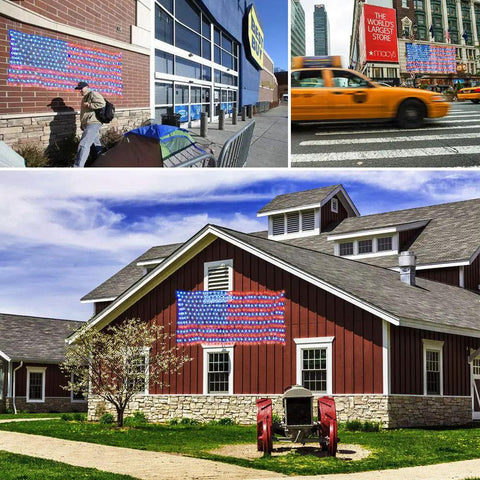 Patriotic Solar Powered LED Flag Net Lights With 420 Bright LEDs on building exteriors, showcasing waterproof outdoor flag decoration.