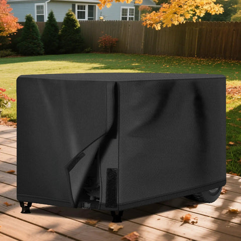 Kickass Universal Generator Cover Waterproof 26X20X20 Inches on wooden deck, protecting portable generator from weather.