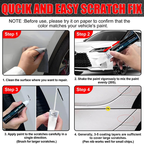 Steps to use Lexus Eminent White Pearl 085 Touch Up Paint Kit For Scratches including cleaning, shaking, applying, and layering.