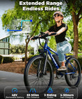 Woman riding Beast Mode 1500W Peak Mountain Electric Bike For Adults With 25 MPH Top Speed 65 Mile Range 7 Speeds outdoors