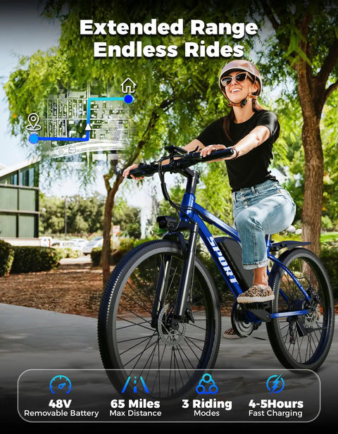 Woman riding Beast Mode 1500W Peak Mountain Electric Bike For Adults With 25 MPH Top Speed 65 Mile Range 7 Speeds outdoors