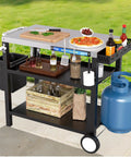 Outdoor Stainless Steel Grill Table 34 Inch Long By 20 Inch Wide With Magnetic Tool Holder Wheels Hooks Side Tray And Handle For Outdoor Cooking Pizza Oven Stand Cart, showcasing storage and side tray with condiments and utensils.