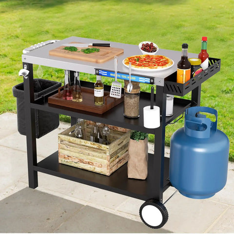 Outdoor Stainless Steel Grill Table 34 Inch Long By 20 Inch Wide With Magnetic Tool Holder Wheels Hooks Side Tray And Handle For Outdoor Cooking Pizza Oven Stand Cart, showcasing storage and side tray with condiments and utensils.