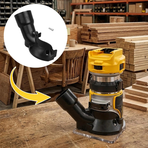 Universal Dust Collection Hose Adapter For DeWalt DCW600 And DWP611 Trim Routers with dual 27mm and 36mm ports in workshop.