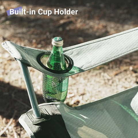 Close-up of built-in cup holder on Ultralight Portable Folding Camping Chair For Adults With Cup Holder And Cooler Pouch, All Day Comfort With High Back Support, Sturdy Frame, Easy Fold, Ideal For Camping Lawn Picnics Sports And Festivals Gray Black