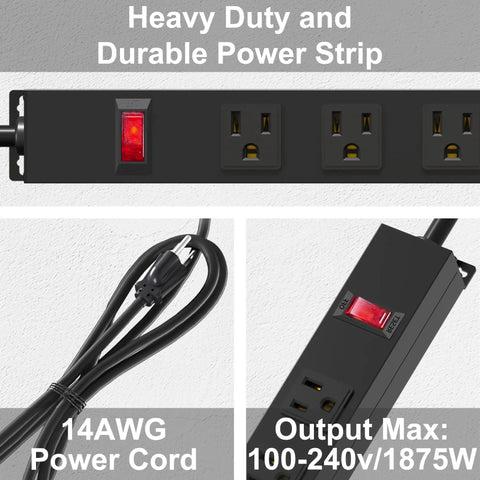 Six Outlet Metal Power Strip With Wall Mount Heavy Duty Switch Rugged Aluminum Body 14AWG Cord 6 Foot Length 15A 125V 1875W Black