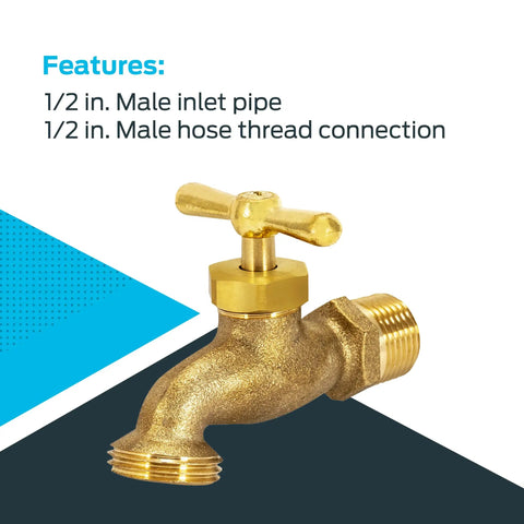 Brass Irrigation Hose Bibb Spigot 1/2 Inch MIP X 1/2 Inch MHT Outdoor Garden Valve with brass construction and zinc handle.