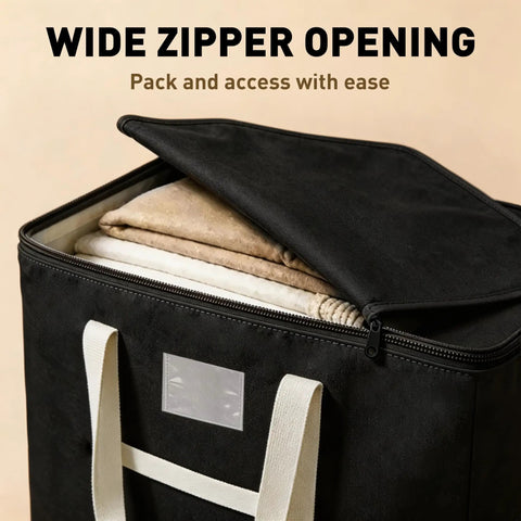 Extra Large Black Storage Bins With Heavy Duty Zipper, Foldable Fabric Bags For Clothes Blankets Comforters Pillows And Toys, spacious 210L bin with wide zipper opening.