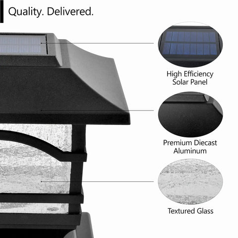 Premium Solar Outdoor Post Cap Lights For 4x4 5x5 And 6x6 Posts, Bright 25 Lumen Warm White LED, Slate Black with components labeled