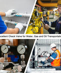 M METERXITY stainless steel spring check valve, 3/4 in NPT inline vertical, silver; collage of piping, gauges, and workers.