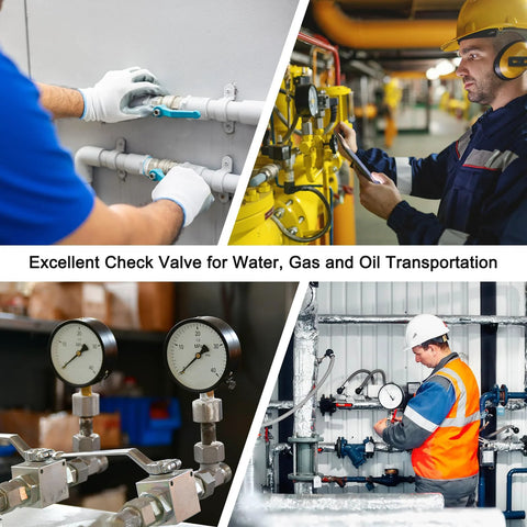 M METERXITY stainless steel spring check valve, 3/4 in NPT inline vertical, silver; collage of piping, gauges, and workers.