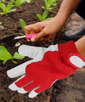 All Purpose Garden Pruning Gloves For Women And Men Breathable Red Work Gloves With Thorn Resistant Leather Durable Gardening Gear For Yard Maintenance And Plant Care, red leather gloves shown in garden