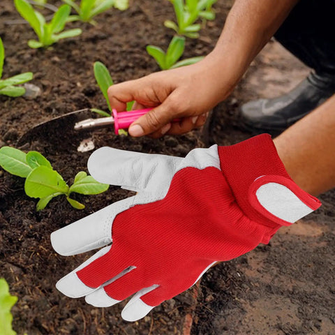 All Purpose Garden Pruning Gloves For Women And Men Breathable Red Work Gloves With Thorn Resistant Leather Durable Gardening Gear For Yard Maintenance And Plant Care, red leather gloves shown in garden