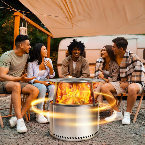 Heat Deflector for 19 to 20.5 Inch Fire Pits with Portable 304 Stainless Steel Diffuser That Captures and Redirects Heat for 360 Degree Cozy Warmth Keeps Bonfires Alive for Backyard Hangouts Detachable Camping Essential with people enjoying warmth.