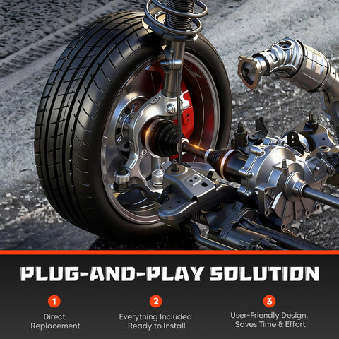 Nissan Altima And Rogue 2.5L CV Axle Shaft Assembly Beefy Replacement Fits 2007 To 2013 Altima Automatic CVT 2008 To 2013 Rogue FWD And 2014 To 2015 Rogue Select 1 Pair shown in installed state on vehicle wheel assembly.