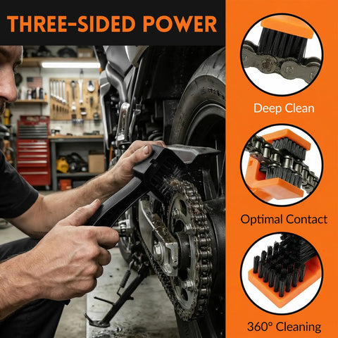 Person using Two Pack Chain Cleaner Brush For Motorcycle And Bicycle Chains With Dual Ended Design Three Sided And Long Bristles Scrub Tool Dirt Remover For Crankset And Gear Keeps Chains Smooth And Shiny on motorcycle gear in garage, showing three-sided cleaning power.
