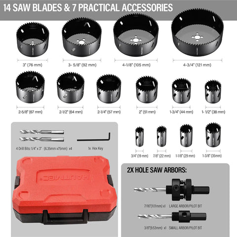Go-To Heavy Duty Bi-Metal Hole Saw Kit 21-Piece With 14 HSS Blades, 2 Arbors, 4 Pilot Bits, Hex Key and storage case