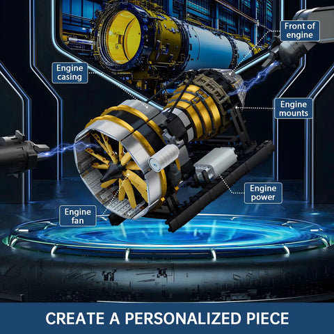 Aircraft Engine Model Kit With Motor Dope 2256 Pieces showing detailed engine casing and fan, highlighting STEM features.