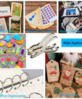Two Pack Quarter Inch Hole Punch Set With Twenty Binder Rings Ten Silver And Ten Colorful For DIY Crafts And Legit Organization One Hole Paper Punch For Flash Cards Gift Tags Tickets Home Office Or School Projects Heavy Duty Steel Six Sheet Capacity shown with various uses like cards and crafts