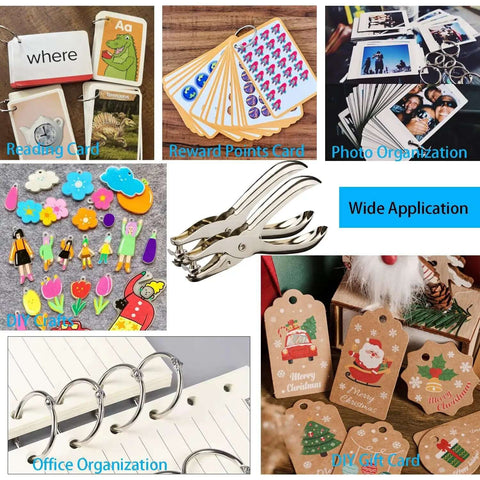 Two Pack Quarter Inch Hole Punch Set With Twenty Binder Rings Ten Silver And Ten Colorful For DIY Crafts And Legit Organization One Hole Paper Punch For Flash Cards Gift Tags Tickets Home Office Or School Projects Heavy Duty Steel Six Sheet Capacity shown with various uses like cards and crafts