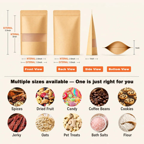 100 Pcs Kraft Stand Up Pouches With Matte Window Resealable Zipper Bags For Packaging Goods, Front, Back, Side, Bottom Views