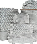 Variety of heavy duty twisted nylon ropes in white, showcasing different sizes for indoor and outdoor use all purpose utility cord.