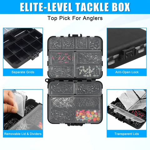 Ultimate Fishing Swivels Kit With Ball Bearing And Rolling Barrel Swivels, Crossline Three Way Swivels, Duo Lock And Coast Lock Snaps, Crane Barrel Options, Pro Grade High Strength Connectors For Bass, Trout, Saltwater And Freshwater. tackle box with separate grids and transparent lids