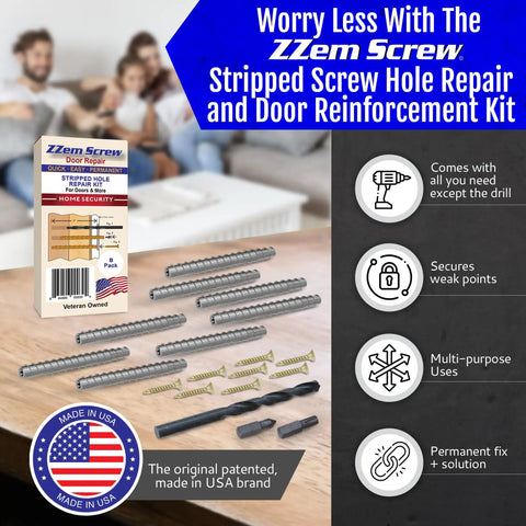 Heavy Duty 8 Pack Permanent Stripped Screw Hole Repair Kit For Door Hinges shows steel anchors and brass screws for easy DIY restores.