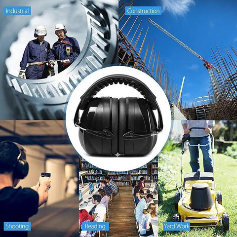 Top Notch Hearing Protection Earmuffs With Adjustable Headband surrounded by images of industrial, shooting, construction, yard work.