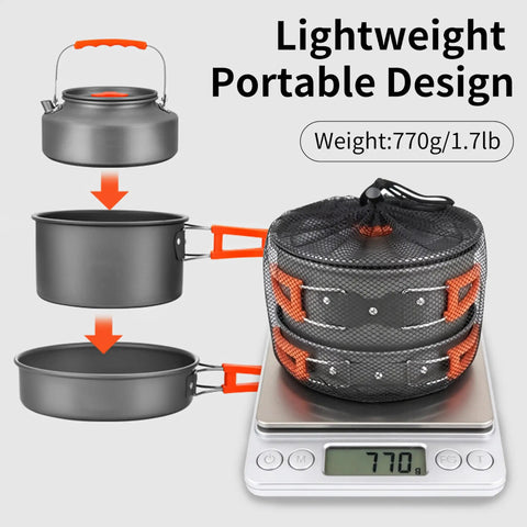 Collapsible Camping Cookware Set With Nonstick Pots, Pans, And Kettle For 2-4 People - Hard-Anodized Aluminum on scale