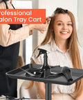 Rolling Salon Cart With Wheels Mobile Styling Station Aluminum Tray Trolley For Salon Essentials in use during haircut