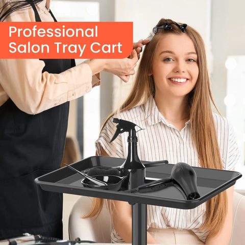 Rolling Salon Cart With Wheels Mobile Styling Station Aluminum Tray Trolley For Salon Essentials in use during haircut