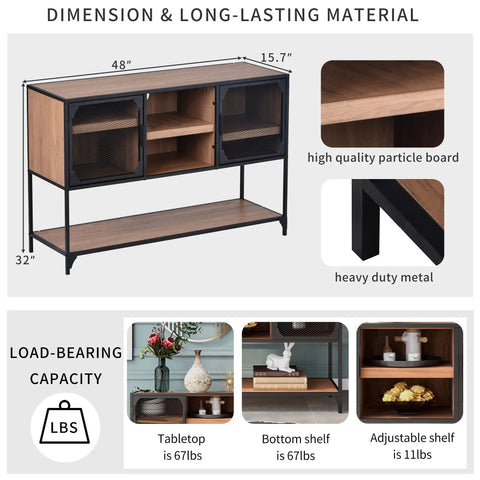 Rock Solid Industrial Buffet Sideboard Console Table With Rustic Farmhouse Barnwood Vibe And Heavy Metal Grid Doors, featuring dimensions 48"x15.7"x32".